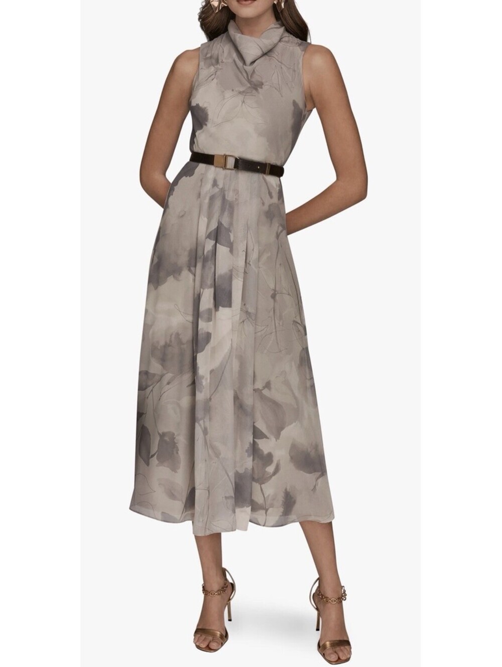 New Donna Karan Cowl Neck Belted Fit & Flare Dress Size 6 $179